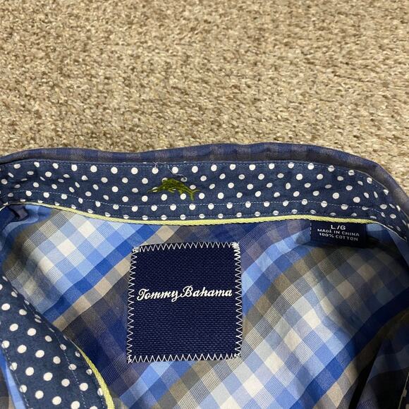 Tommy Bahama Shirt Mens L Checkered Striped Geometric Office Blue Button Up - Picture 2 of 7